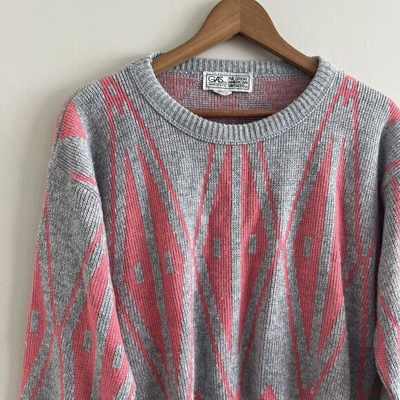 Vintage 80s GAS Great American Sweater Co Pullover S Gray Pink Grandpa Grunge - Picture 7 of 9